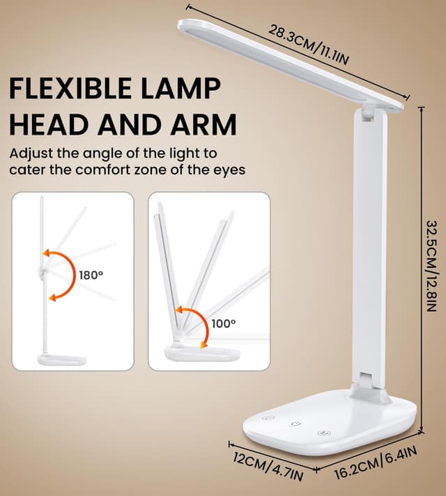 Detalle 2 de Schreibtischlampe mit dimmbaren LED, 5 Farbmodi (2800–6000K) & USB-Ladung – Touch, Timer, für Kinder & Büro