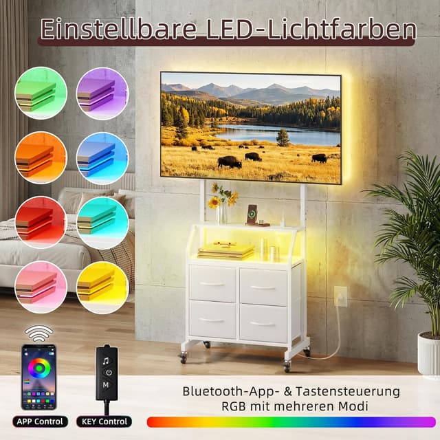 Detalle de OYRREU TV-Ständer mit LED, Rollen, integrierten Steckdosen & höhenverstellbarer Halterung (4 Schubladen, weiß)