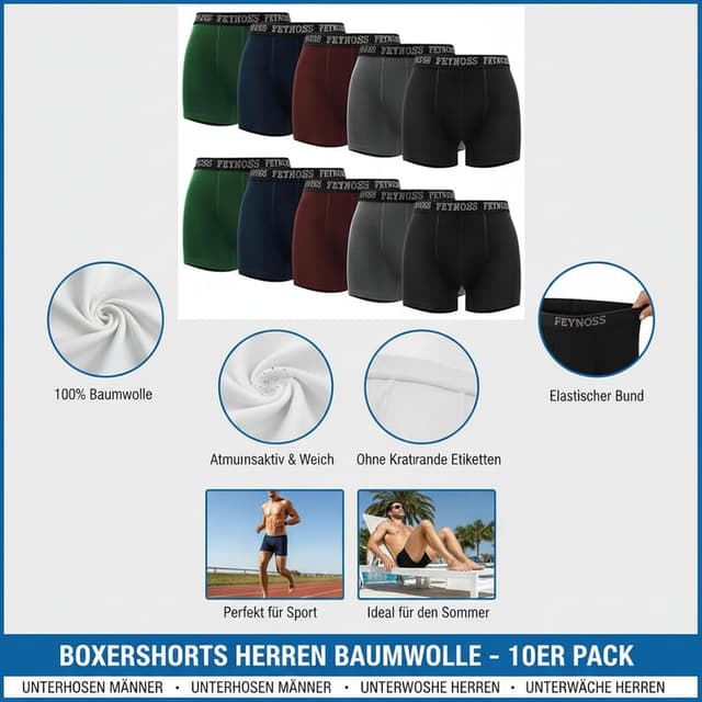 Detalle de feynoss Herren-Boxershorts im 10er Pack (Baumwolle mit Elasthan, ohne Etikett)