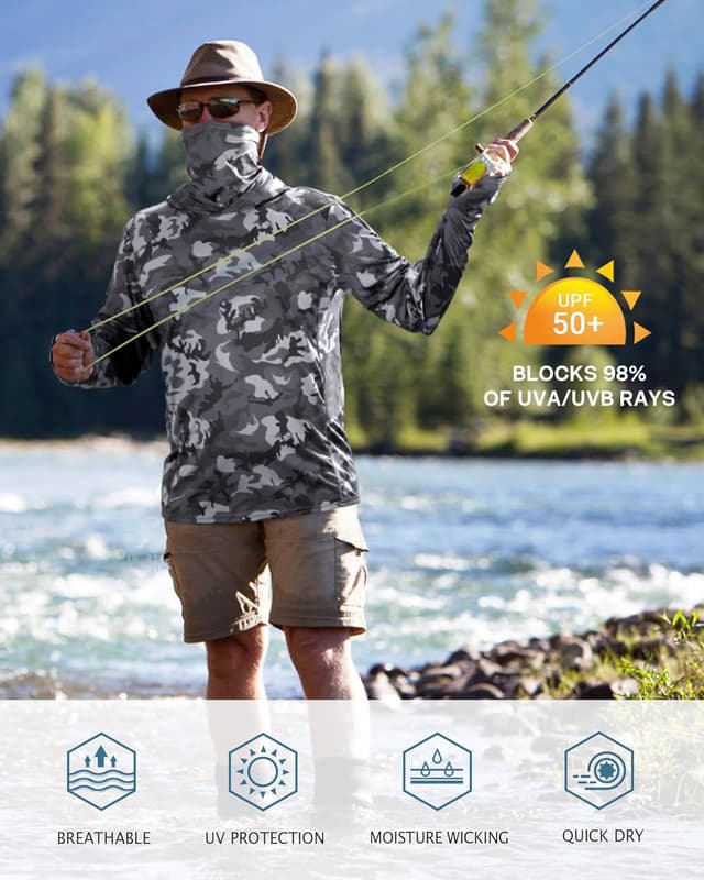 Detalle de FISHEAL Men’s Performance Fishing Hoodie Shirt with UPF 50+ Sun Protection, Thumbholes & Neck Gaiter