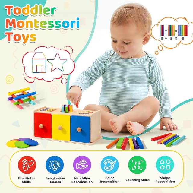 Detalle 2 de WEVOL Jeux Montessori 1 2 3 Ans : trieur en bois 3-en-1 à tiroir pour apprendre couleurs et formes