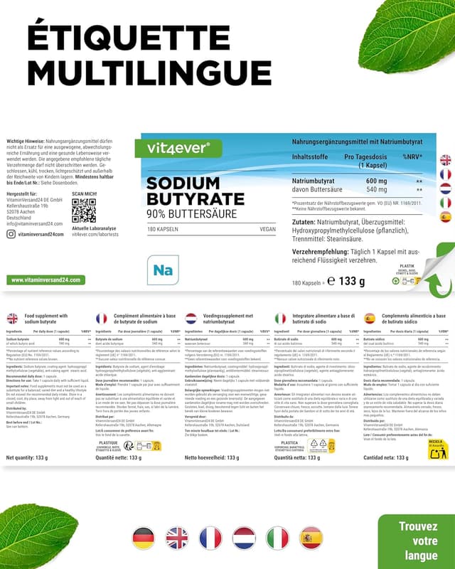 Detalle de Butyrate de sodium 180 gélules de 600 mg (90% acide butyrique) Premium, végan