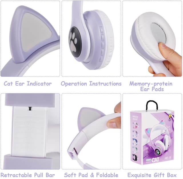 Detalle de AXFEE Kinderkopfhörer Bluetooth mit Katzenohren, klappbar, LED & Mikrofon (inkl. MicroSD/TF)
