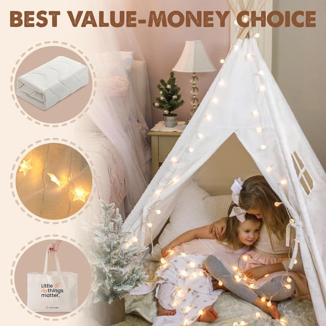 Detalle de Tiny Land kids teepee tent with padded mat, fairy lights and carry bag (Raw White Canvas)