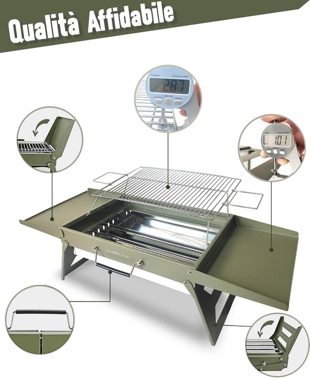 Detalle de Charmline barbecue portatile da tavolo in carbonella 51x35 cm verde