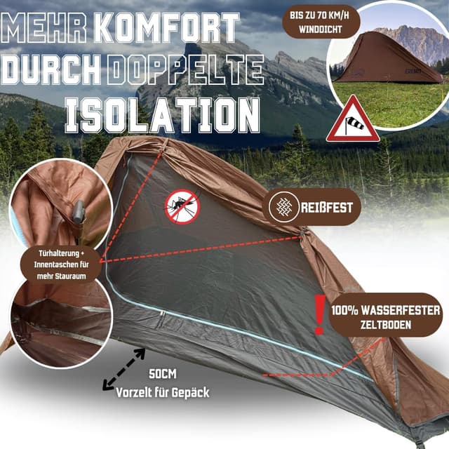 Detalle de GOALPINE Zelte für 1 & 2 große Personen – wasserdichtes Ultraleicht-Zelt (4000 mm) für Wandern, Bergtour & Bikepacking