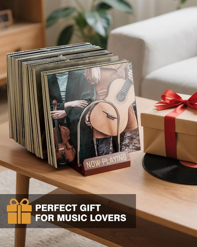 Detalle de BS-VOG Schallplatten-Aufbewahrung: erweiterbarer LP-Ständer für 30–70 Platten mit „Now Playing“-Schild