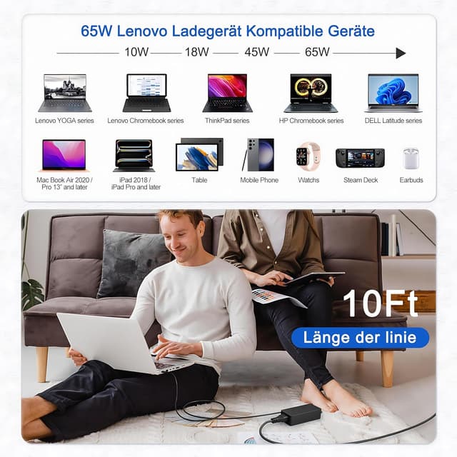 Detalle de 65W Lenovo USB‑C Laptop-Ladekabel Netzteil (USB‑C Type‑C) für Lenovo ThinkPad/IdeaPad/Yoga/Chromebook – 10FT