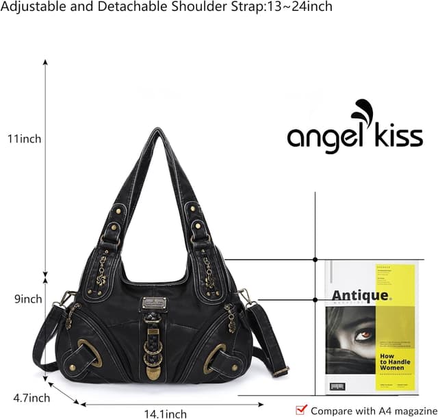 Detalle de Angel Kiss Damen Schultertasche Hobo – Umhänge-/Henkeltasche aus weichem PU-Leder mit Reißverschluss