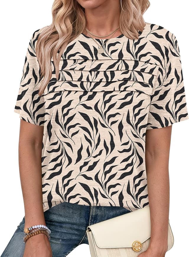 Detalle de PLMOKEN T-shirt femme col rond plissé manches courtes, haut d’été fluide