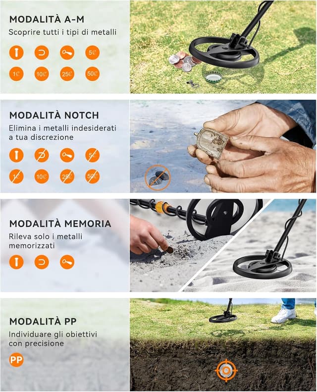 Detalle de SUNPOW MD13 metal detector professionale con bobina IP68, display LCD grande e 4 modalità (kit)