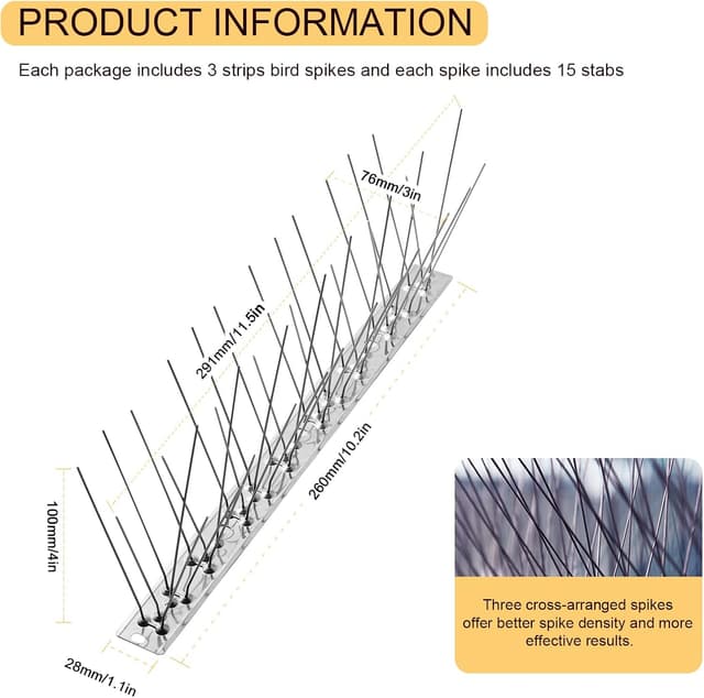 Detalle 2 de OFFO stainless steel bird spikes for roofs and windows (pigeon & small bird deterrent), cover 78cm