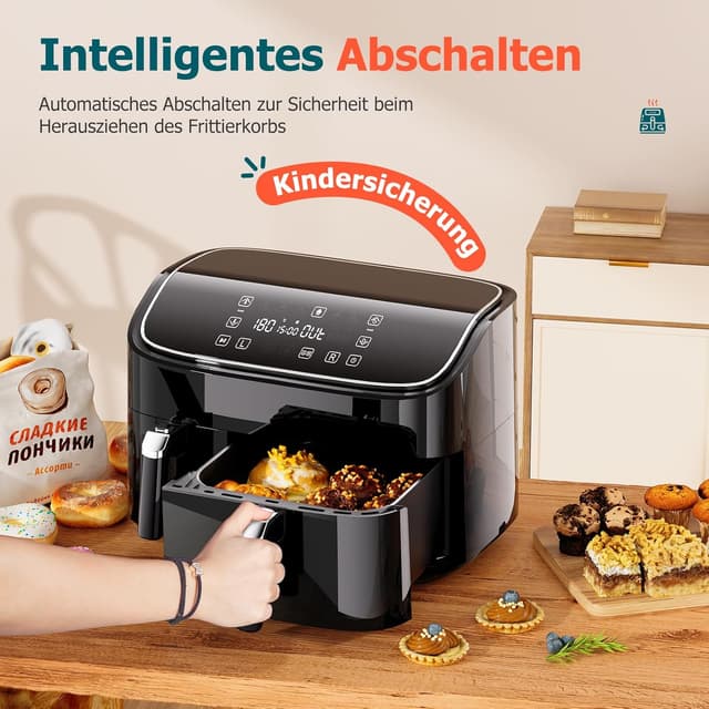Detalle de Heißluftfritteuse mit 2 Kammern (3L & 6L) – 9L Airfryer, Touchscreen, 6 Programme, 2850 W