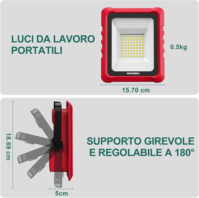 Detalle 2 de HYCHIKA Faro LED Ricaricabile 20W 2000 lumen 6500K IP65 con ricarica USB e Type-C