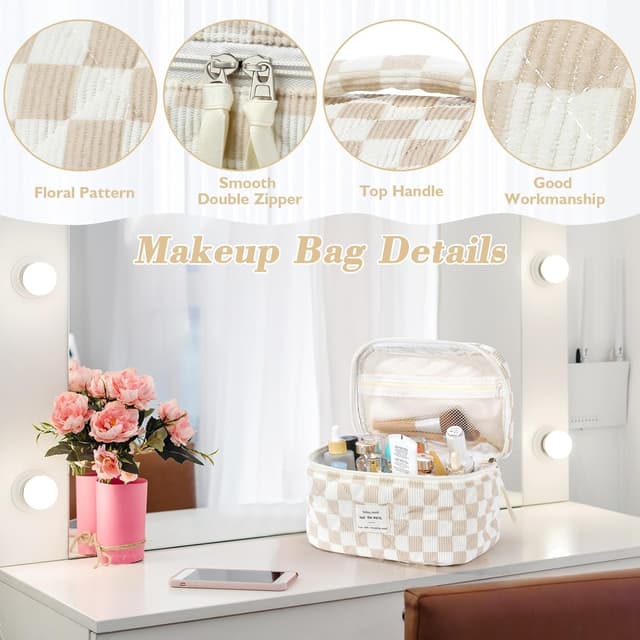 Detalle de BuyCard Kosmetiktaschen 3er-Set Damen aus Cord (Khaki Check) – Kulturtasche & Waschtasche