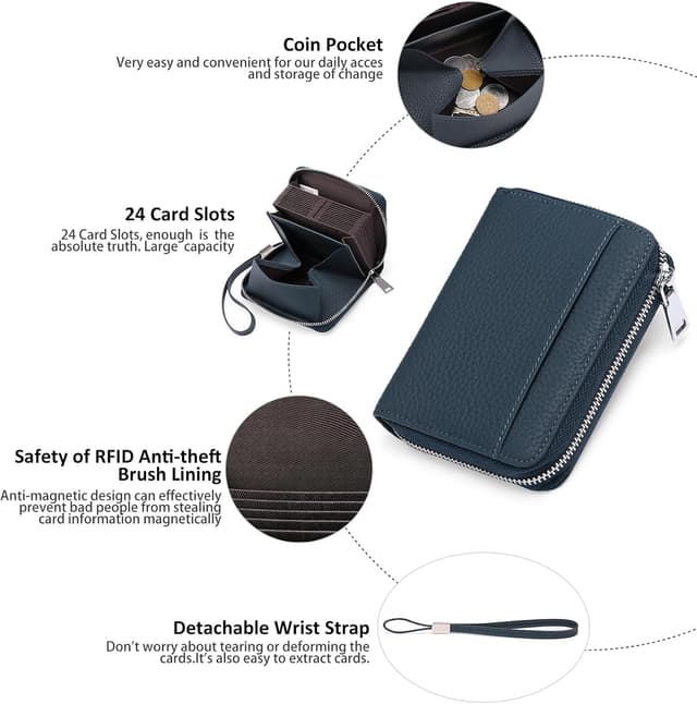 Detalle de SENDEFN RFID leather credit card holder purse with 24 slots, wrist strap & coin pocket