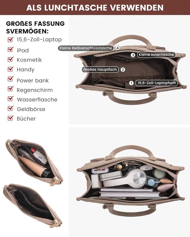Detalle de LOVEVOOK Laptoptasche für Damen mit isoliertem Lunch-Fach – für 15,6 Zoll Laptop, Schultertasche & Arbeitstasche