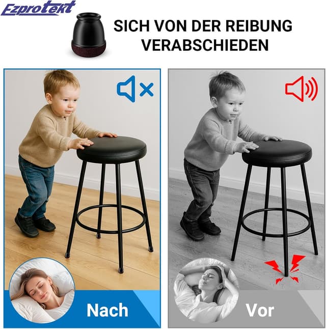 Detalle de Ezprotekt Stuhlbeinkappen aus Silikon (Ø 10–15 mm), schwarz, mit Filz – 16 Stück