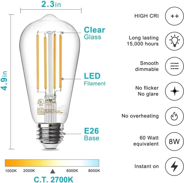 Detalle de TJOY 12-Pack Vintage ST58 LED Edison Bulbs (8W, E26) — Dimmable 2700K Warm White, CRI 80+