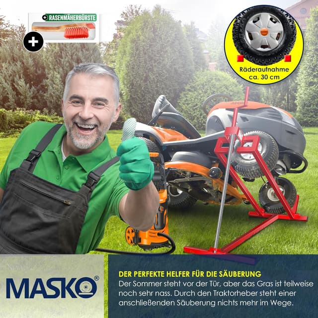 Detalle 2 de MASKO® XXL Rasentraktorheber bis 450 kg – verstellbare Hebevorrichtung mit Neigung und Bürste