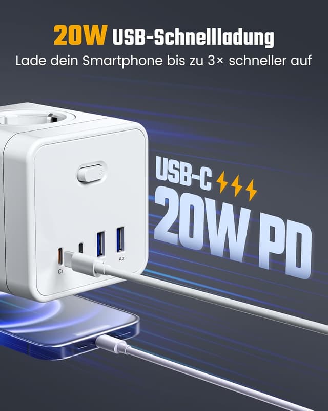Detalle de RIXGLEAM Steckdosenwürfel mit USB 8-in-1 (2× USB‑C bis 20 W, 4× Schuko, 1,5 m) weiß