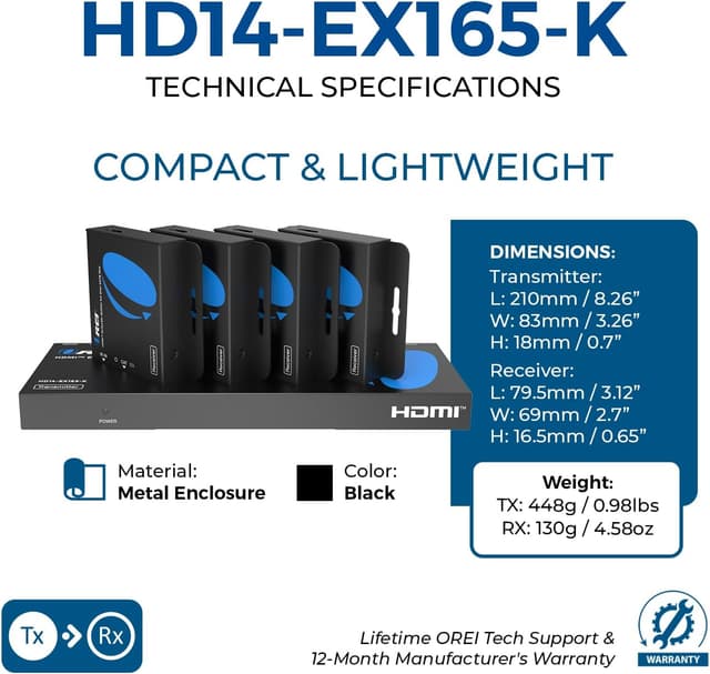 Thumbnail 4 de OREI HD14-EX165-K 4K HDMI Extender Splitter 165 ft