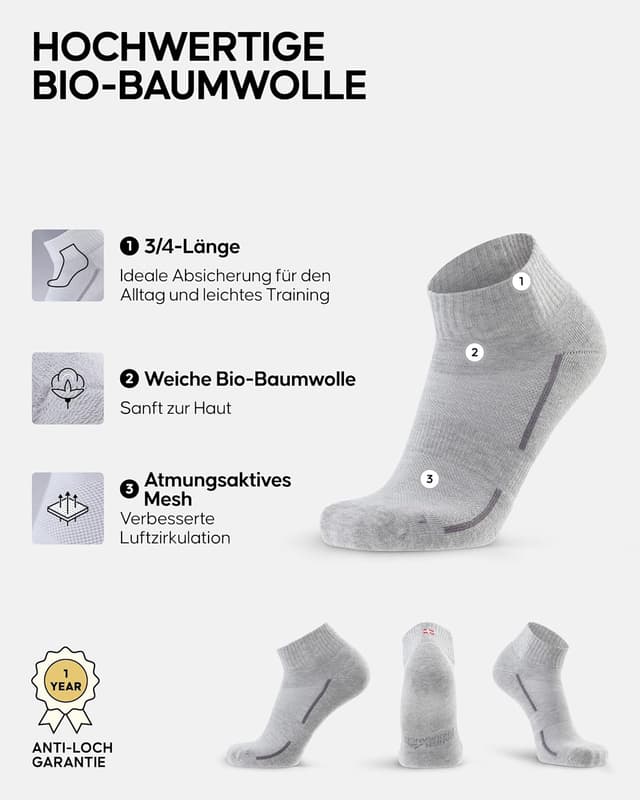 Detalle de DANISH ENDURANCE Kurze Sportsocken aus Bio-Baumwolle im 3er/6er Pack – Sneaker- und Fitness-Socken mit Anti-Blasen