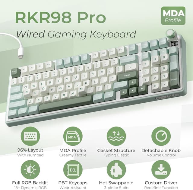 Detalle 2 de RK ROYAL KLUDGE R98 Pro 96% wired mechanical gaming keyboard with number pad and volume knob
