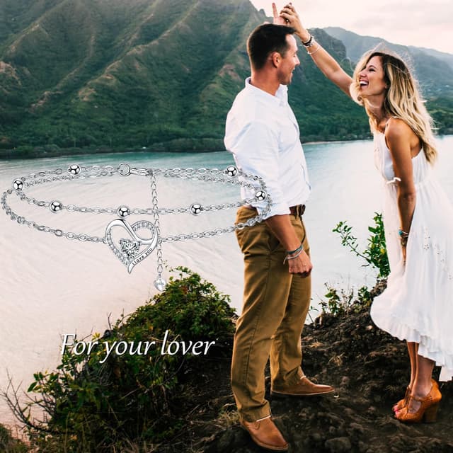 Detalle de J.MUEN Bracelet femme en argent sterling 925 avec double cœur et zirconias, réglable (17 cm + 4)