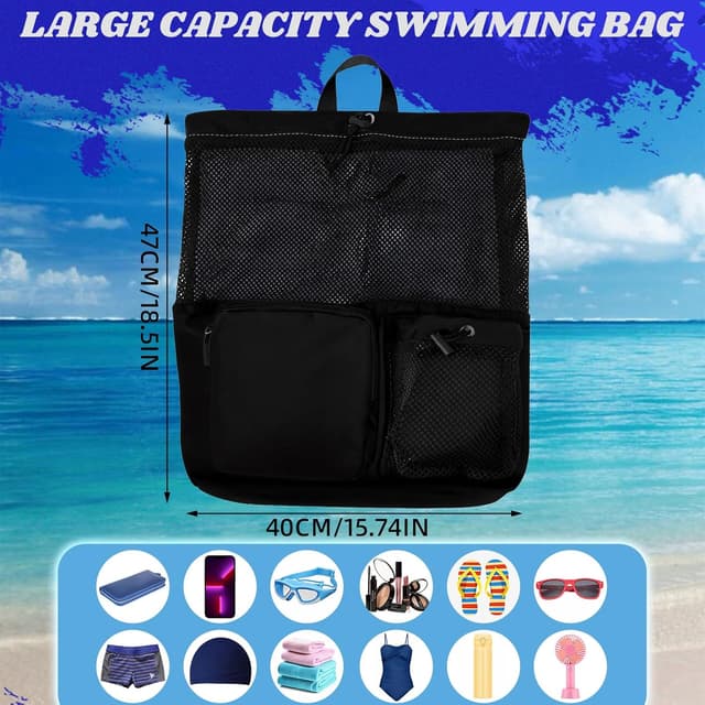 Detalle de QBEJIME Swimming Bag Mesh Drawstring with Wet Pocket and Waterproof Zipper