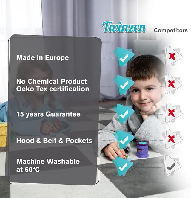 Detalle de Twinzen Kinderbademantel aus 100% Baumwolle mit Kapuze und Ohren (OEKO‑TEX®) – für Mädchen oder Jungen