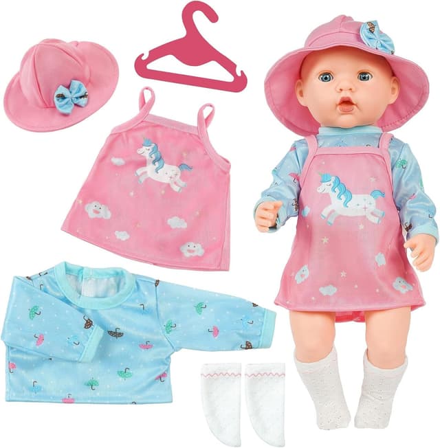 Detalle de Aolso vestiti per bambole New Born Baby Doll (35–45 cm) con abito rosa e blu, cappello, calzini e gruccia