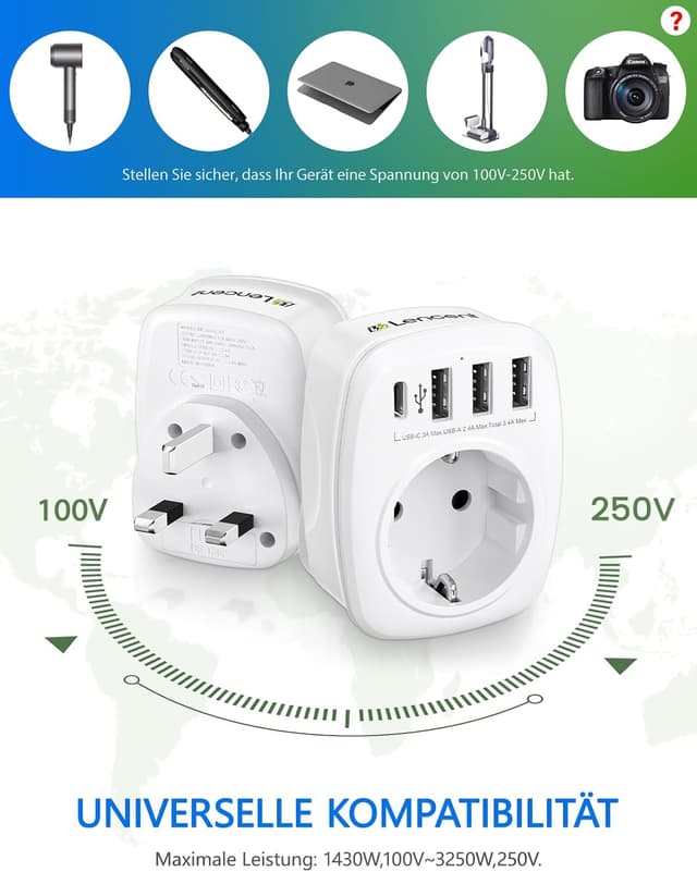 Thumbnail 4 de LENCENT Reiseadapter Typ G EU auf UK 5‑in‑1