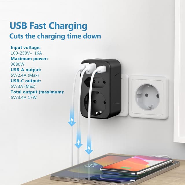 Detalle de JSVER 3680W (max 16A) multipresa con 1 Schuko, 1 presa europea e 4 porte USB-C/USB-A