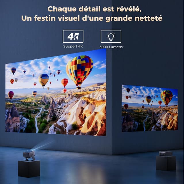 Detalle de Projecteur portable AMEELA 30000 lumens avec WiFi, Bluetooth 5.2, auto-focus et correction trapézoïdale