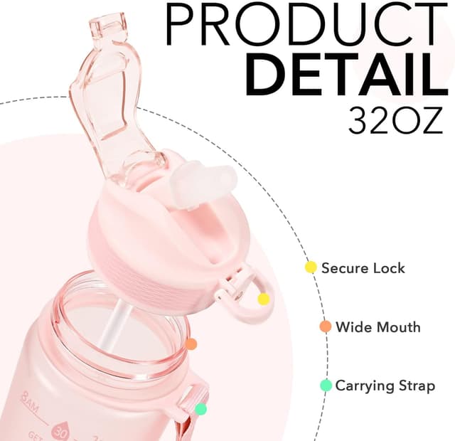 Detalle 2 de Hyeta 32oz Water Bottles with Straw (with motivational time-to-drink markings)