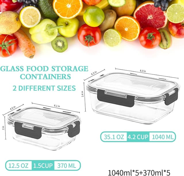 Detalle 2 de Skroam 10 Pack Glass Food Storage Containers with Lids (BPA Free, Leak Proof, Airtight)