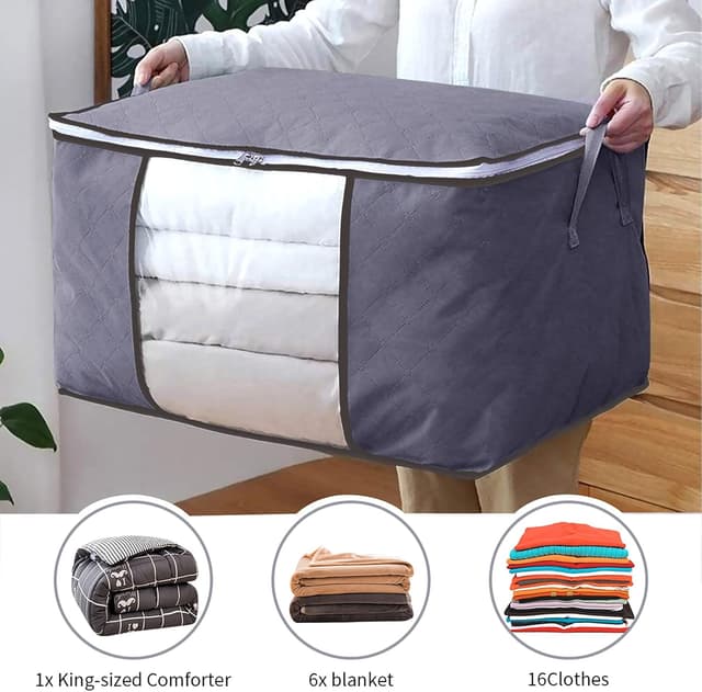 Detalle de 90L Storage Bags with Lid and Zips (3 Pack) – Foldable Fabric Organisers with Clear Window, Grey