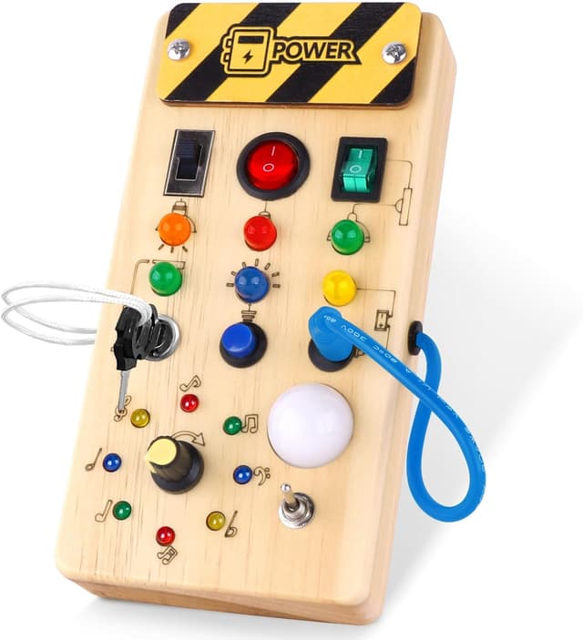 Detalle de Hoarosall Montessori Busy Board mit LED-Lichtschalter – Motorik- und Sensorik-Spielzeug aus Holz ab 1 Jahr