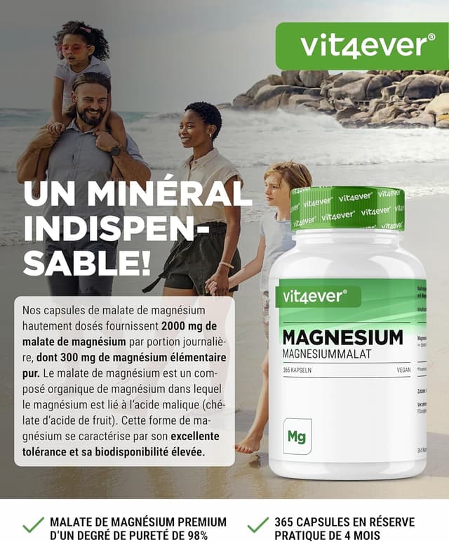 Detalle 2 de Vit4ever Malate de magnésium – 365 gélules (2000 mg dont 300 mg de magnésium élémentaire) – Végan