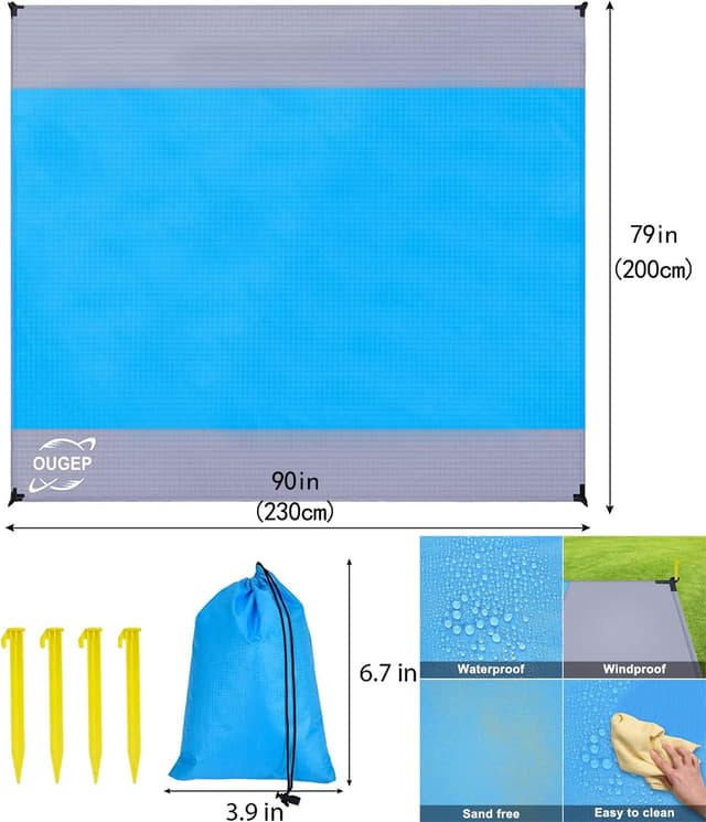 Detalle de OUGEP Tapis de plage imperméable anti-sable 200 x 230 cm (bleu/gris)