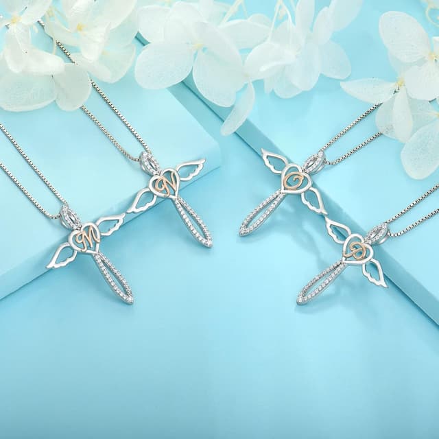 Detalle de FJ Letter Initial Necklace 925 Sterling Silver Guardian Angel Pendant