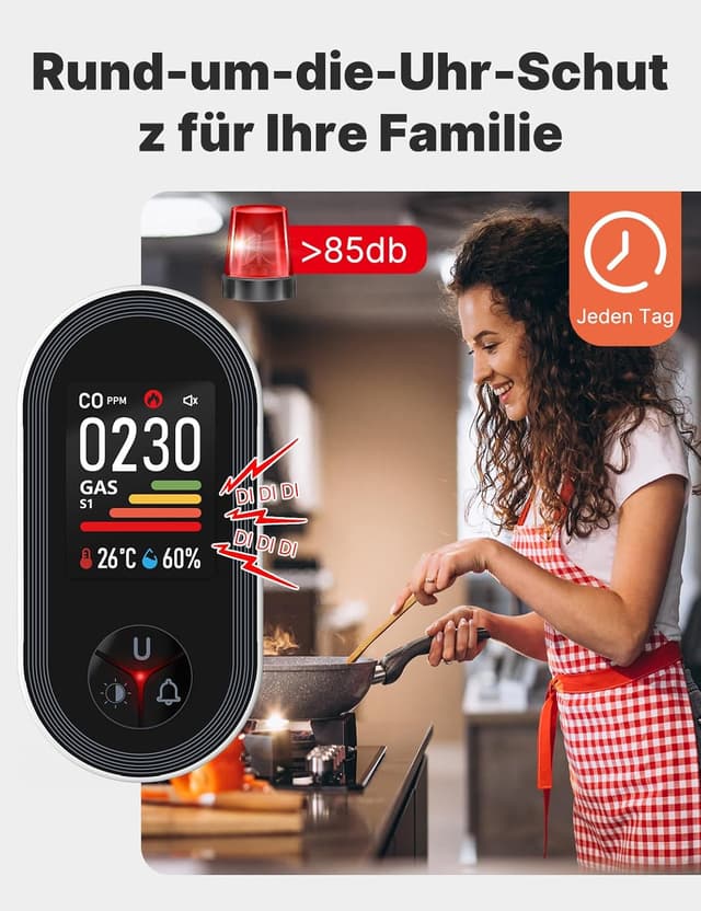 Detalle de MOES 4-in-1 Kohlenmonoxid- und Gasmelder mit Stecker (CO, LPG/Propan, Methan, Ethan) inkl. Temperatur- & Luftfeuchtigkeitssensor