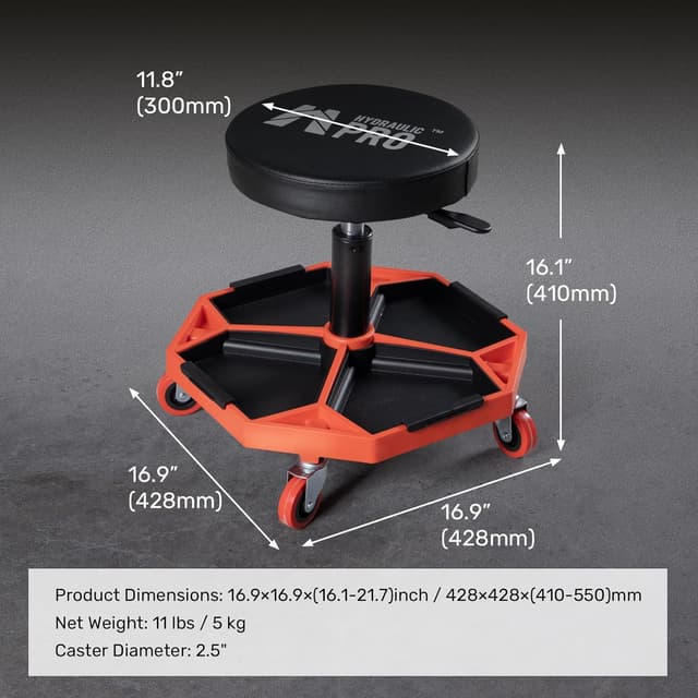 Detalle 2 de HYDRAULIC PRO Adjustable Height Rolling Mechanic Stool (16.1–21.7 in) with Cushioned Seat and Tool Trays