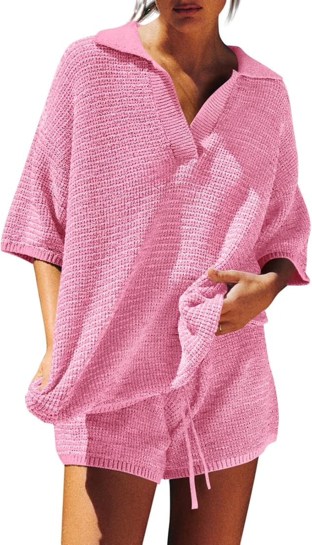 Detalle de Tankaneo Women’s Sweater Set 2-Piece Oversized V-Neck Knit Top & High-Waisted Drawstring Shorts