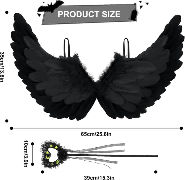 Detalle 2 de Newthinking Angel Wings and Halo Costume Set (Black) for Adults & Kids, 65 x 35cm