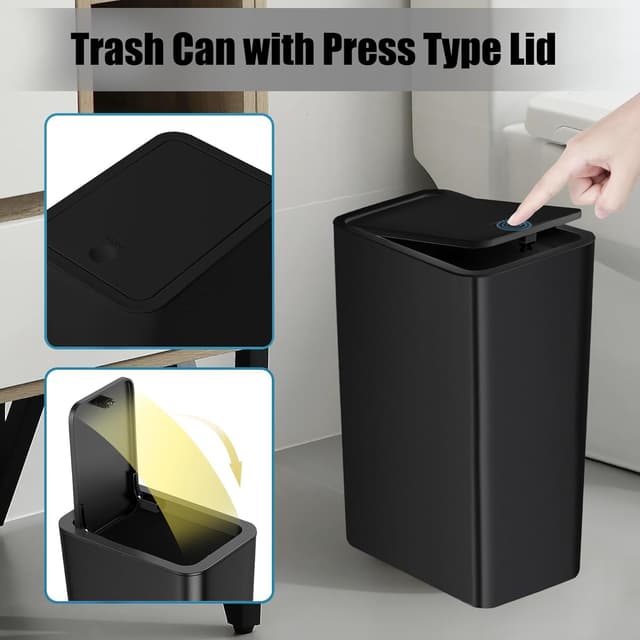 Detalle de TIPGO Bathroom Trash Can with Lid (10 Liter / 2.6 Gallon) Slim Pop-Up Bin for Kitchen, Bedroom, Office — Black