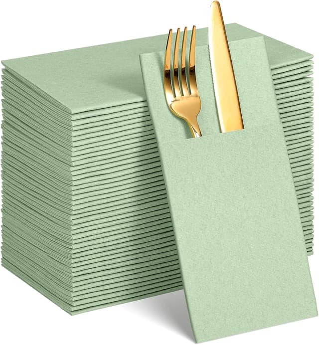 Detalle de NatNarr 60-Pack Sage Green Linen-Feel Paper Napkins with Built-in Flatware Pocket