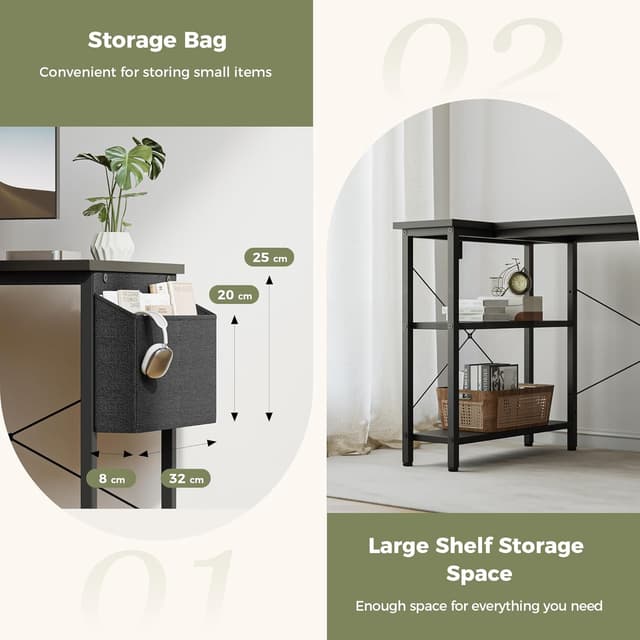 Detalle de Mericonia Small L-Shaped Desk with Power Outlets (140x70 cm) and Reversible Shelves, Black