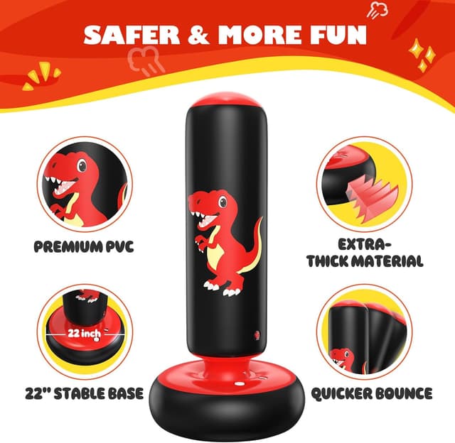 Detalle 2 de QPAU Inflatable Kids Punching Bag (66 Inch) with Dinosaur Boxing Gloves, for Ages 3–8